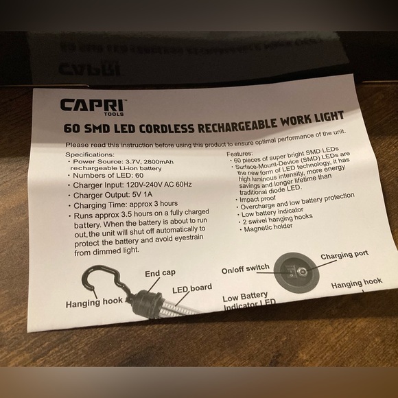 Capri Tools 60 SMD LED Cordless Rechargeable Work Light - Picture 6 of 7